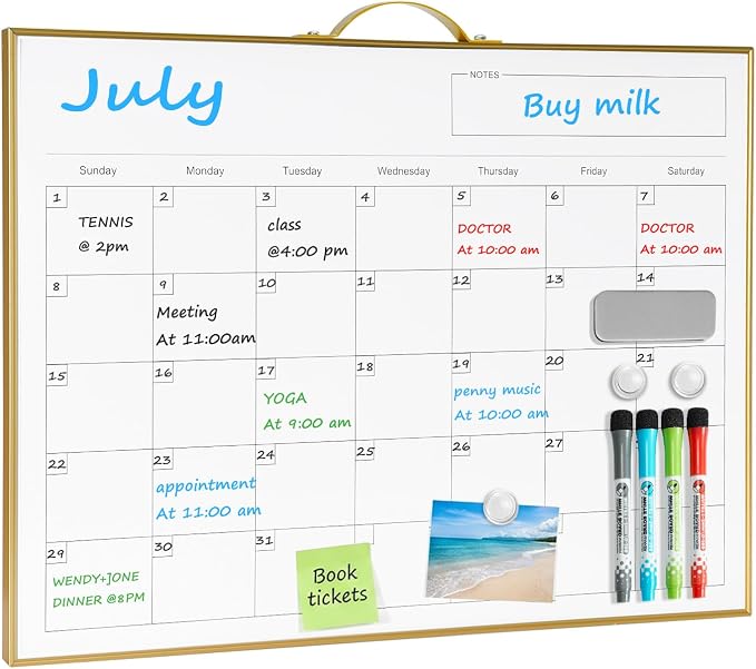 White Board Calendar - 12 X 16 Inches Magnetic Dry Erase Board Monthly Calendar, Double Sided Whiteboard with a Handle, to Do List Notepad for Office, Home, School, Gold Aluminum Frame