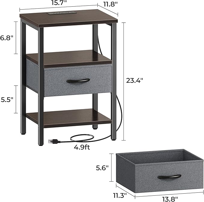 SUPERJARE Nightstand Set of 2 with Charging Station, USB-C Port, End Tables | Night Stand for Bedroom, with Adjustable Fabric Drawer, 3-Tier Storage Bedside Tables for Living Room, Walnut