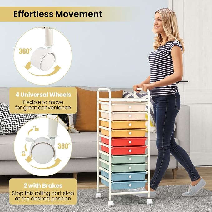 COSTWAY 10-Drawer Rolling Storage Cart, Utility Mobile Trolley | Removable Drawers & Universal Casters & 2 Brakes, Versatile Flexible Drawer Organizer Cart for Home, Office (Macaron)