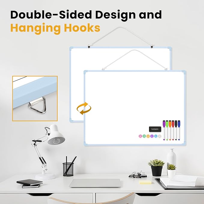 Dry Erase Board for Wall, 24" x 18" Double-Sided Hanging Magnetic Whiteboard with 6 Markers, 6 Magnets and 3 Mini Sticky Notes, Large White Board for School, Home, Office, Blue Frame