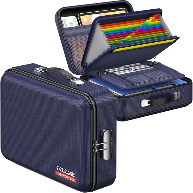 Fireproof Document Box with Lock, Hard Fireproof Document Organizer | Hard-Shell Fireproof Waterproof Safe Box with Combination Lock Blue