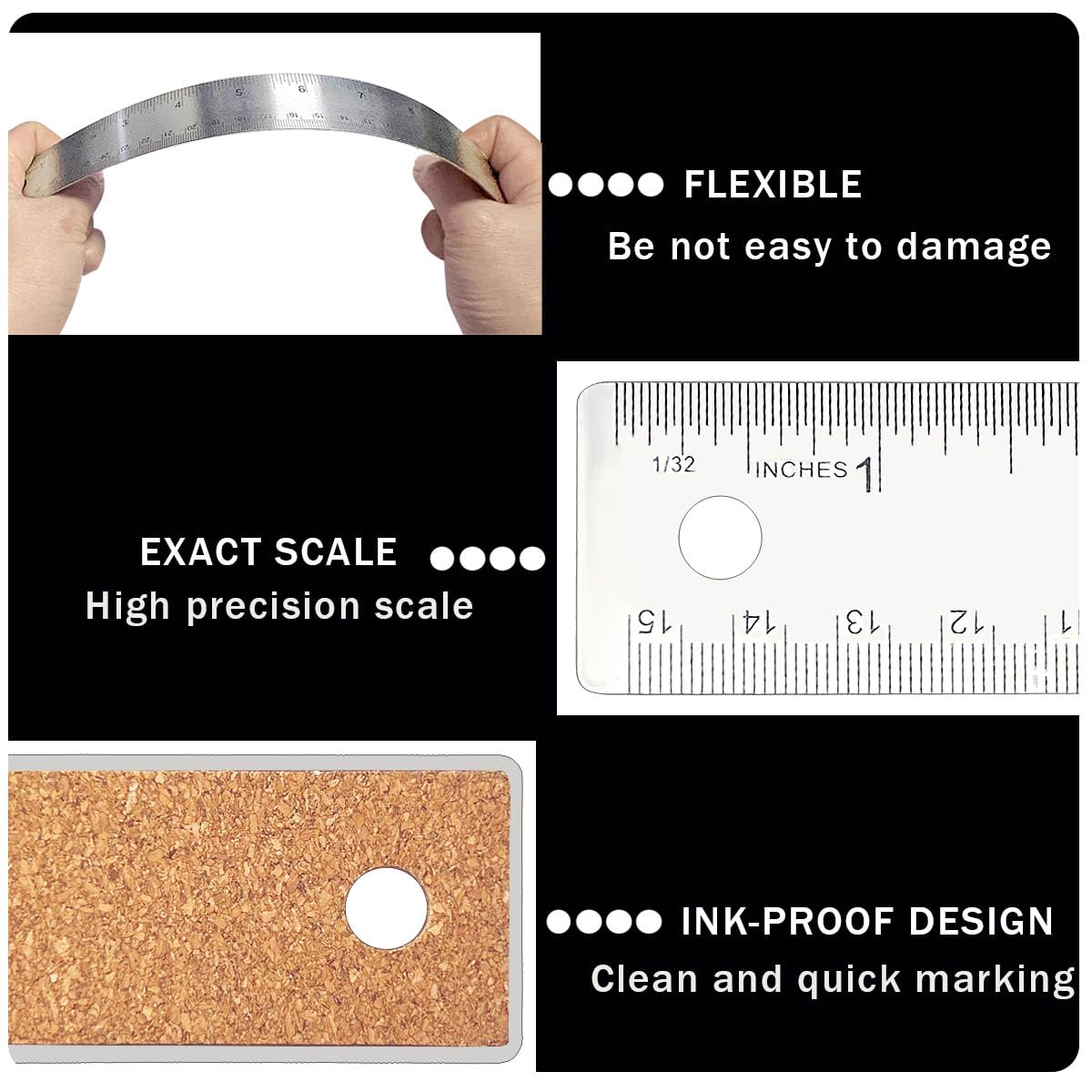 3 Pcs 6 Inch Metal Ruler Stainless Steel Metal Ruler with Cork Backing, Non-Slip Rulers with Inch and Centimeters, Straight Edge Cork Base Rulers for Student School Office Drafting Tools