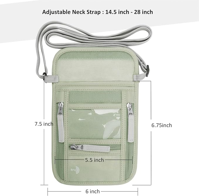 WALNEW Passport Holder Neck Pouch Travel Wallet for Women and Men, RFID Blocking Security Slim Traveling Wallet with Around Neck Lanyard Strap, Light Green | Around Neck Lanyard Strap, Travel Safety Anti Theft Bag, Neck Wallet for Traveling Women