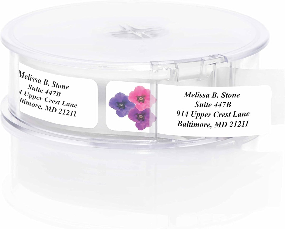 Floral Posy Assorted Rolled Address Labels with Elegant Plastic Dispenser
