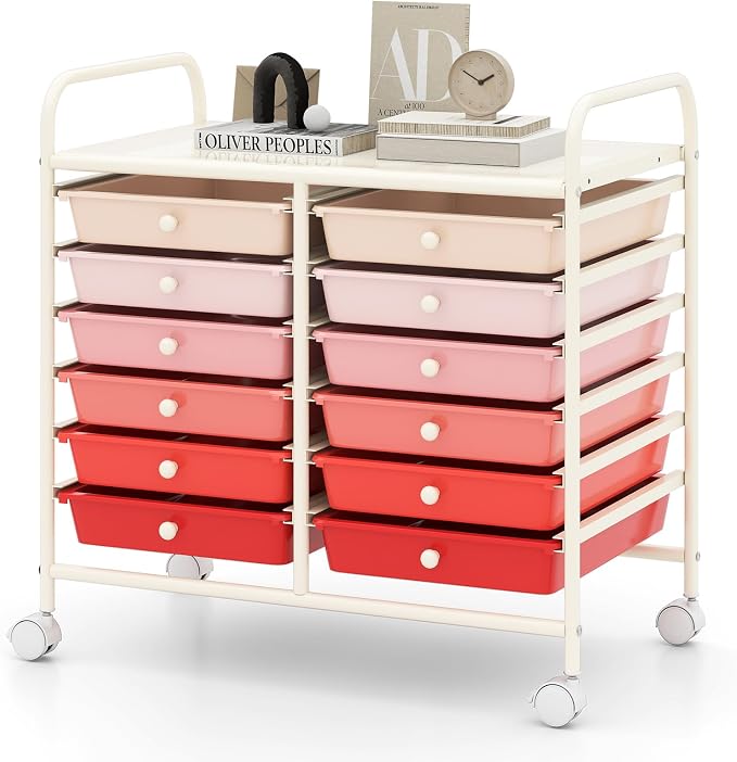 RELAX4LIFE 12-Drawer Rolling Storage Cart - Mobile Utility Cart on Wheels for School Classroom Teacher Office Salon, Paper File Art Supply Craft Organizer, Rolling Cart with Drawers (Gradient Pink)
