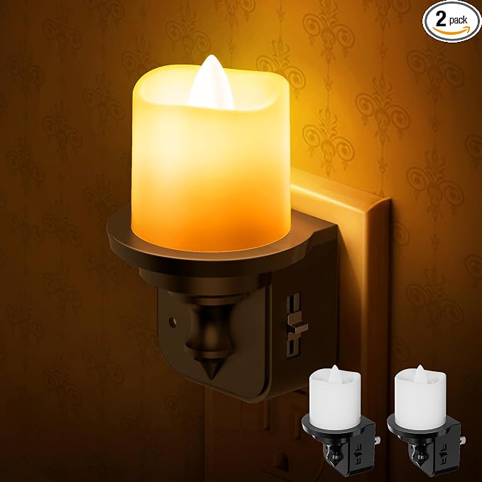 Briignite Flameless Candle Night Lights, Amber Plug-in 2 Pack, LED Candle with Light Sensor, 0-100LM Dimmable, Kids Hallway Bathroom Nightlight