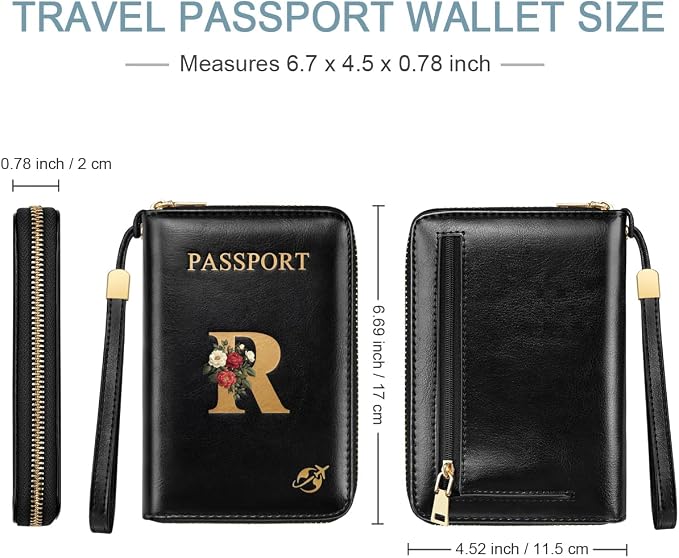 Passport Holder for Travel Personalized Wallet with Wristlet Women | Passport Cover, RFID Blocking, Passport Book Holders, Back Coin Pocket, Zipper Closure, Roses Initial Letter, Black R