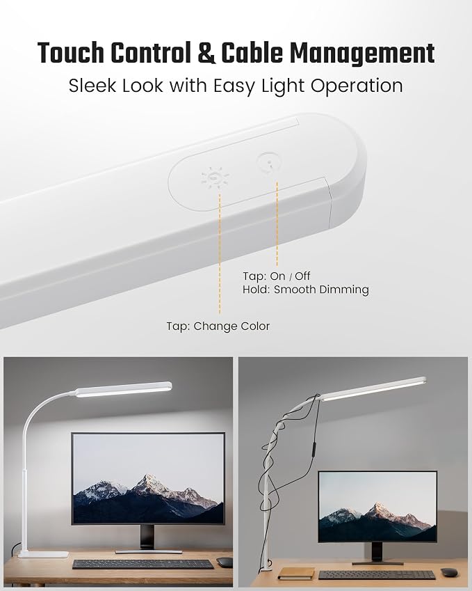 SUPERDANNY Eye-Caring LED Desk Lamp Work Lamp Office Lamp with Base | White, Touch Control, 360° Flexible Gooseneck, 3 Modes Smooth Dimming, Memory Function, Adapter, Metal, for Home Office Dorm