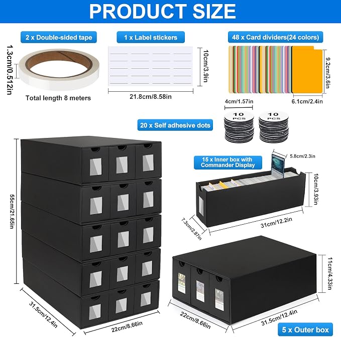 Trading Card Storage Box, 15000+ Cards Deck Box for MTG Commander, Trading Cards Organizer with 48 Card Dividers, Labels & Tapes, Visible Card Deck Boxes for MTG TCG PTCG Sport Cards