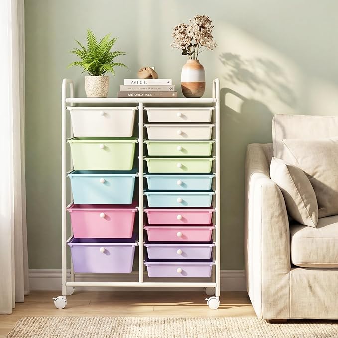 15 Drawer Rolling Storage Cart, Rolling Cart with Drawers for Classroom, Art Supply Craft Organizer on Wheel with Metal Frame & Handles for Home Office School (Ice cream color, 15 Drawer)