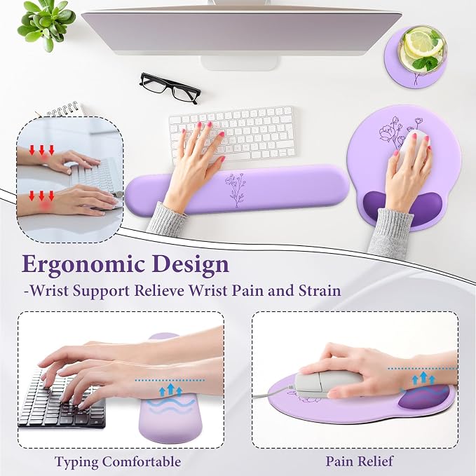3 in 1 Ergonomic Mouse Pad and Keyboard Wrist Rest with Coaster Set-Purple | Cute Large Mousepad with Gel Wrist Support for Gaming Computer Laptop Women Office Home Desk Decor