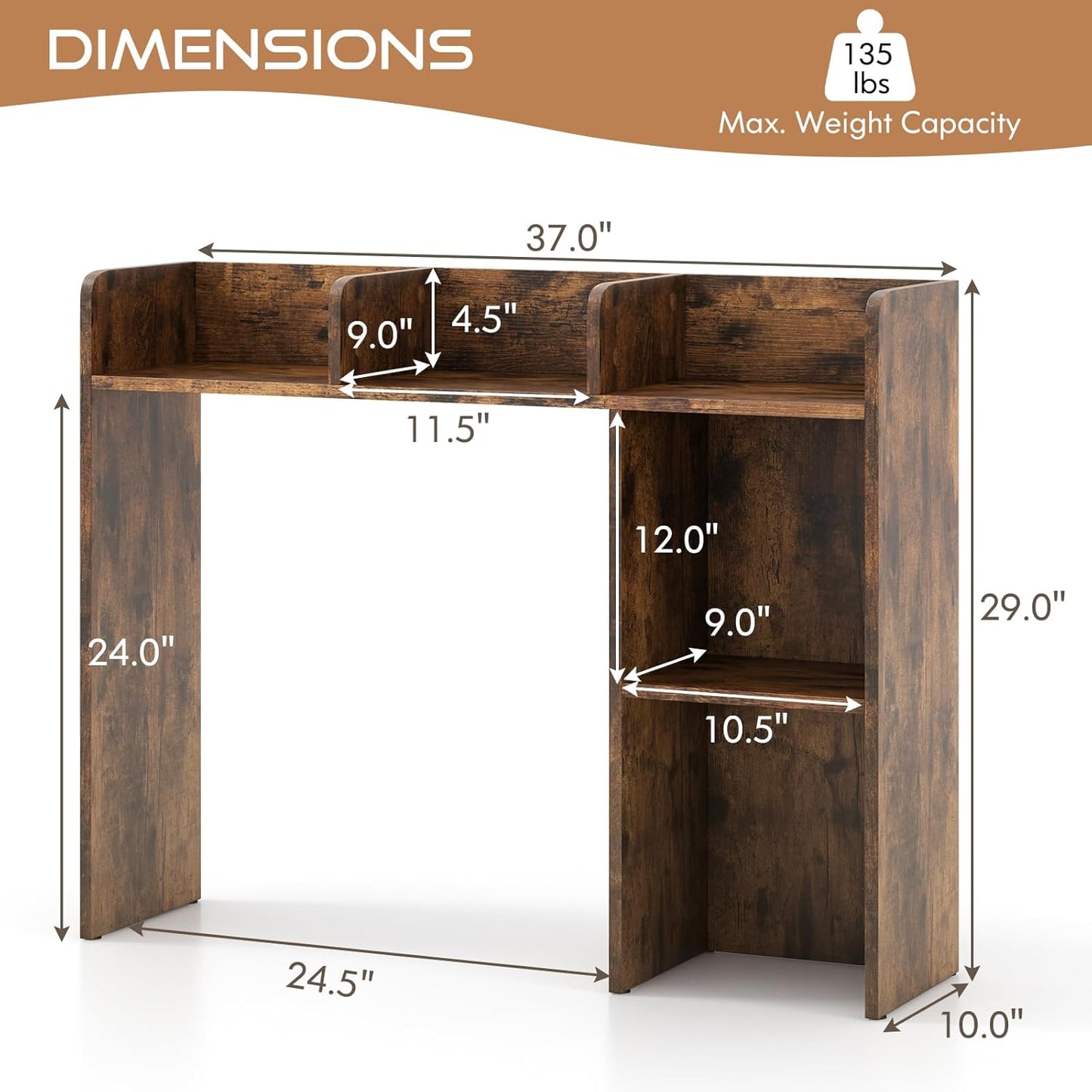 Tangkula Desktop Bookshelf, Countertop Storage Hutch with 5 Shelves for Computer Desk, Desktop 3-Tier Display Rack, Multipurpose Wood Desktop Hutch Storage Organizer for Dorm Office, Brown