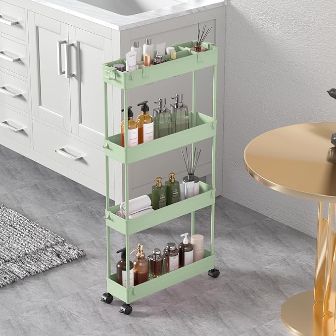 Slim Storage Cart 4 Tier,Bathroom Organizer Rolling Utility,Mobile Shelving Unit Slide Out for Office, Kitchen, Laundry Room & Narrow Places，Green