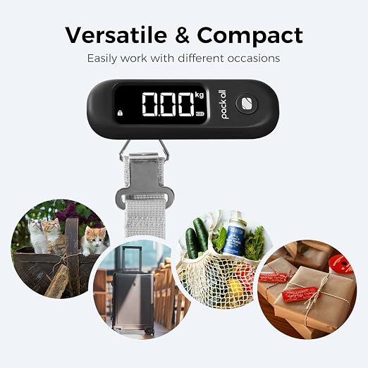 pack all Digital Luggage Scale for Travel, 110Lbs Capacity, 0.1Lb Precision | Handheld, Backlit LCD Display, Lb/Kg/Oz Conversion, Tare Function, Battery Included, Black