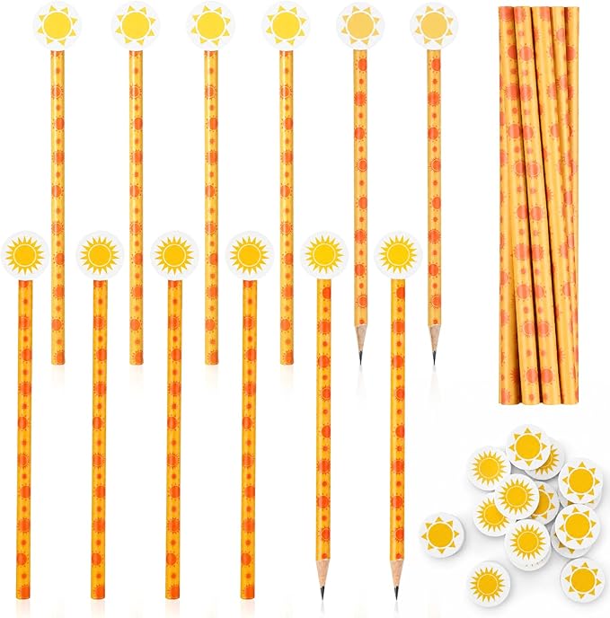 32 Pcs Sun Pencil with Eraser Summer Party Favors Gifts Stationery Supplies for Classrooms Exchange Reward Prizes Home Office School Supplies(Orange and Yellow)