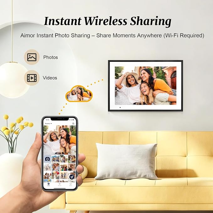 Digital Picture Frame 10.1 Inch Digital Photo Frame 32GB Storage, WiFi Picture Frame with1280x800 IPS Touch Screen, Auto-Rotate Photo Frame Share Your Photos and Videos via AiMOR App, Black
