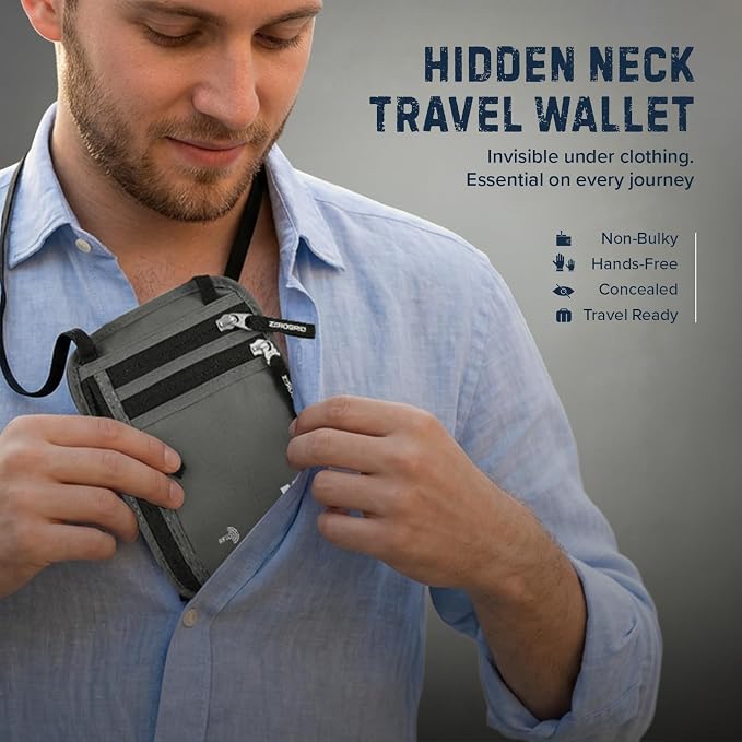 Zero Grid RFID Travel Neck Wallet, Large Passport Holder, Light Grey | Slim & Concealable Travel Pouch for Men & Women; Holds Phone, Cash, Cards, Keys, Waterproof; 4 compartments; Adjustable Strap