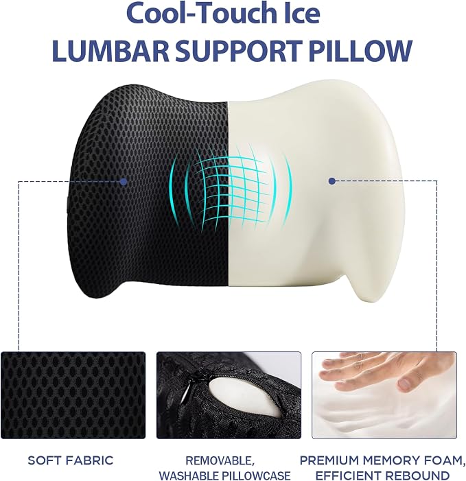 Lumbar Support Pillow for Office Chair, Memory Foam Car Back Cushion | Lumbar Pillow Lower Back with 4d Mesh Cover Adjustable Straps, Ergonomic Chair Back Pillow for Office, Car, Gaming Chairs