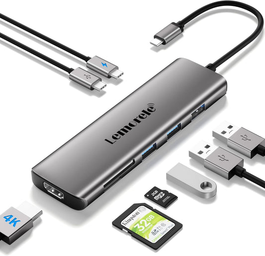 Lemorele 8-in-1 USB C Hub Multiport Adapter, USB-C Hub with 4K HDMI Output, 100W Power Delivery, USB 3.0 5Gbps Port, SD/TF Card Reader Adpater, Compatible for MacBook Pro, XPS, Chromebook and More