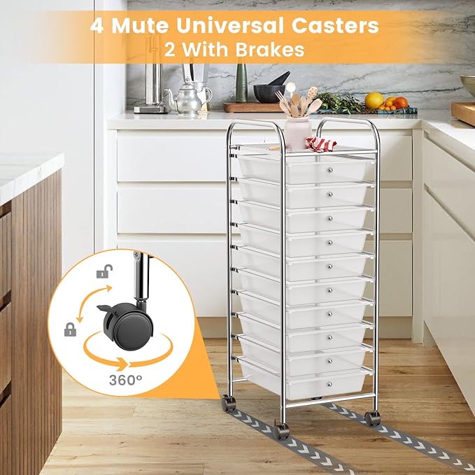 Storage Cart, Rolling Utility Cart with 10 Drawers, Portable Handles & Lockable Wheels, Mobile Paper Toys Storage Organizer Large Capacity for Home Office School Teacher (Clear)