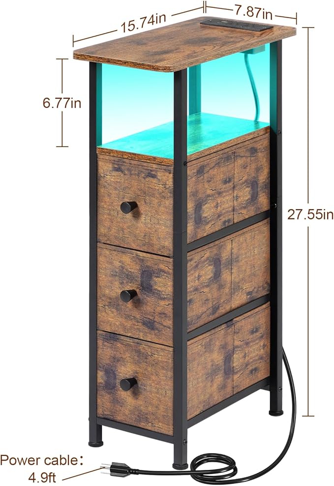 Narrow End Table with Charging Station, Small Nightstand | Skinny Side Tables Living Room with 3 Fabric Drawers, Slim Bedside Table with LED Lights for Bedroom, Small Spaces, Brown