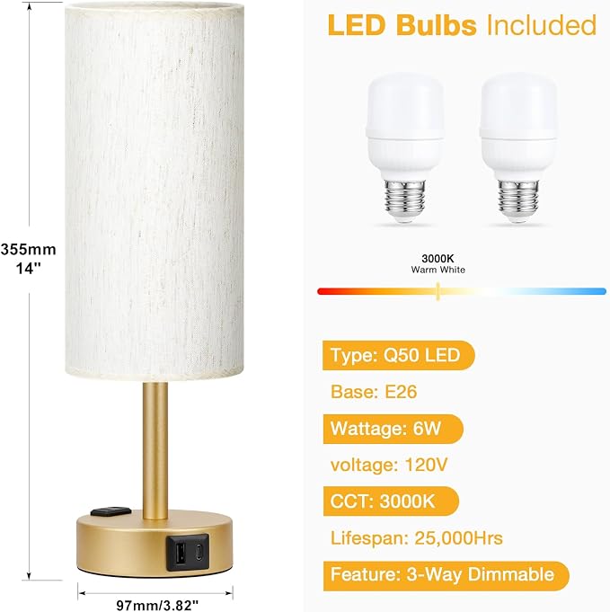 Touch Bedside Table Lamps Set of 2 - Bedroom Lamp with USB A+C, AC Outlet | 3-Way Dimmable, LED Bulb Included, Linen-Texture Fabric Lampshade, Matte Gold Metal Base, 14" Small Nightstand Lamp for Dorm