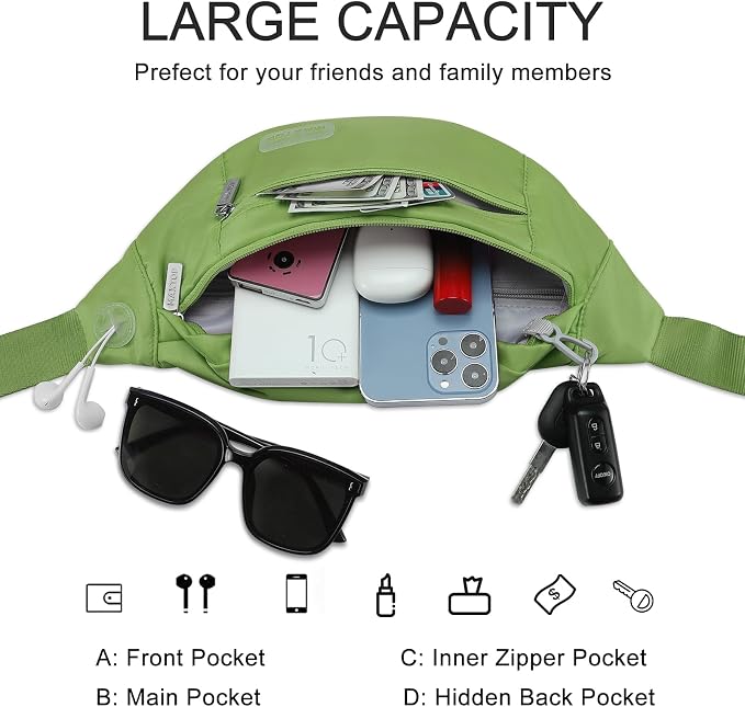 Large Crossbody Fanny Pack Belt Bag with 4-Zipper Pockets,Khaki Green | Adjustable Strap,Key Chain,Waist Pouch Belt Bag for Gym Workout Running Travelling Hiking Dog Walking