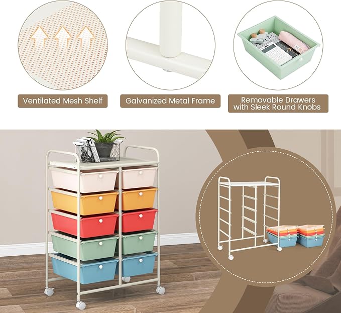 COSTWAY 10 Drawer Rolling Storage Cart, Utility Cart with Lockable Wheels | Mobile Art Supply Craft Organizer with Metal Frame, Multipurpose Drawer Cart for Paper for Office, School, Macaron
