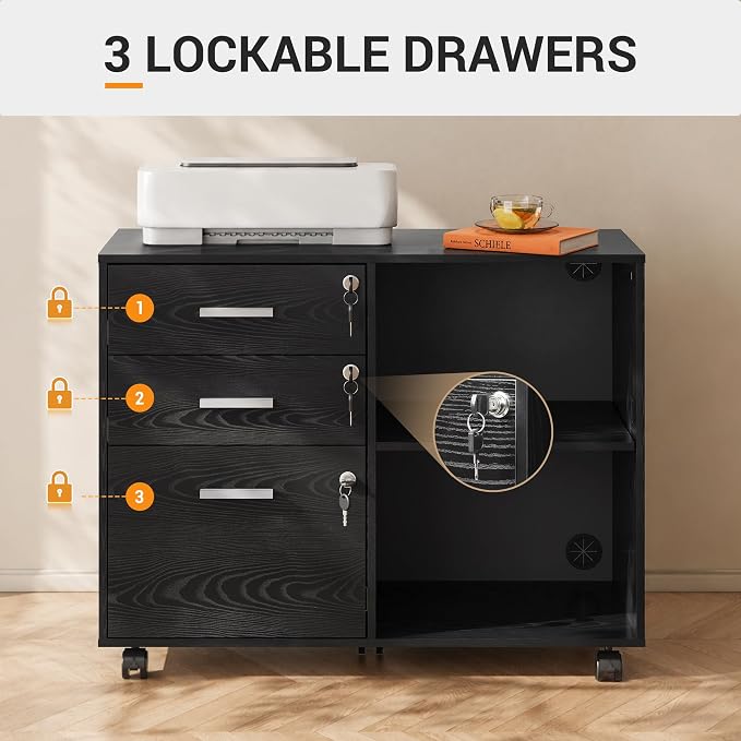 DEVAISE 3-Drawer File Cabinet with Lock, Mobile Wood Filing Cabinet, Black | Rolling Printer Stand, Office Cabinet, Open Storage Shelves, Letter & A4 Compatible, Home Office, Under Desk Storage