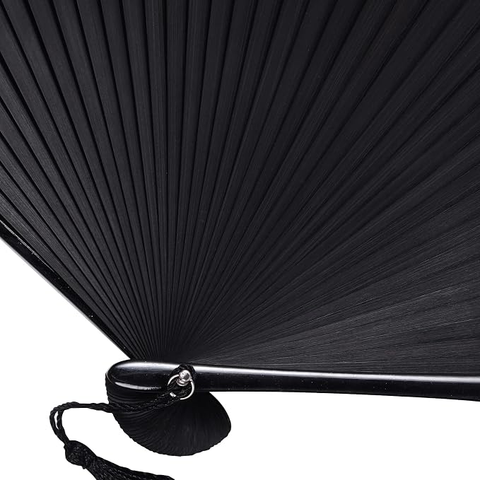 Wobe Hand Held Bamboo Silk Folding Fan, Chinese Japanese Handheld Fan with Tassel Wooden Charming Elegant Vintage Retro Style for Women Ladys Girls Dance Party Home Decorations (Black)