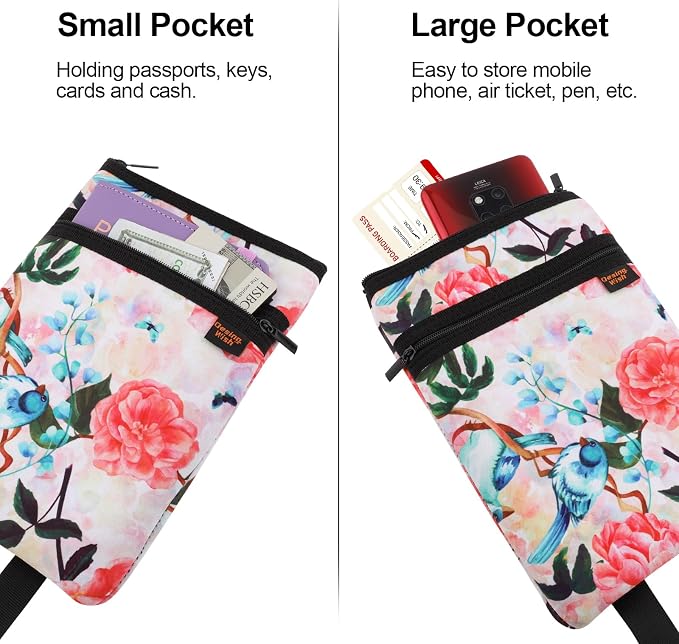 Neoprene Passport Holder Bag for Men Women Passport Pouch for Family Travel with Adjustable Shoulder Strap Travel Passport Case Bag - Rose