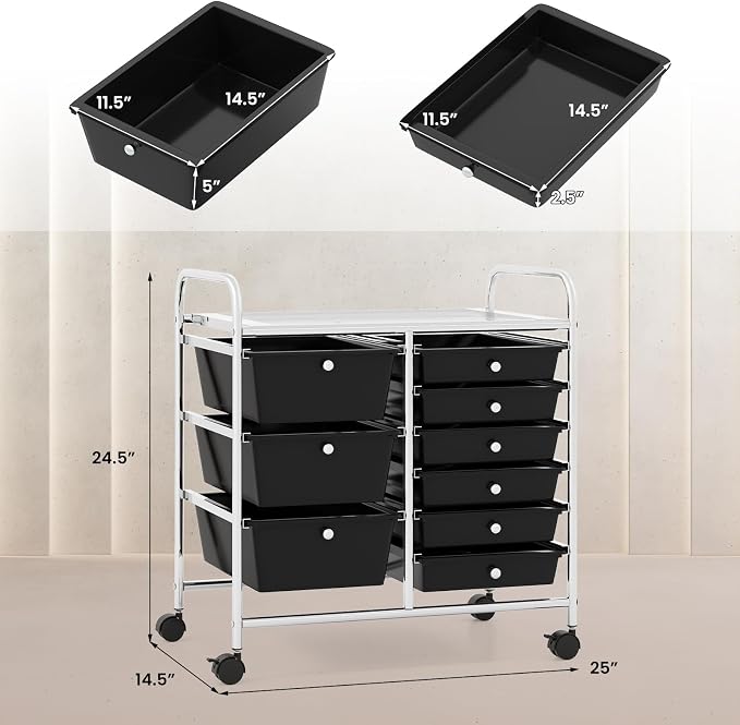 RELAX4LIFE 9 Drawer Rolling Storage Cart - Mobile Drawer Carts for Craft Art Supply Paper Salon, Utility Cart on Wheels for Classroom Teacher School Office, Rolling Cart with Drawers (Black)
