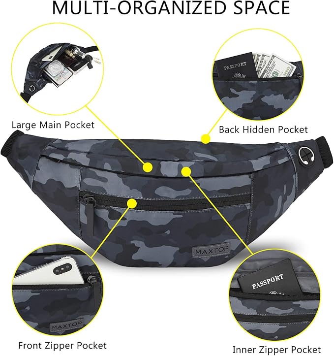 Small Camo Black Crossbody Bag Shoulder Fanny Pack with 4-Zipper Pockets | Polyester,Hands-Free,Gifts for Enjoy Sports Traveling Running Casual Wallets Waist Bag Carrying All Phones