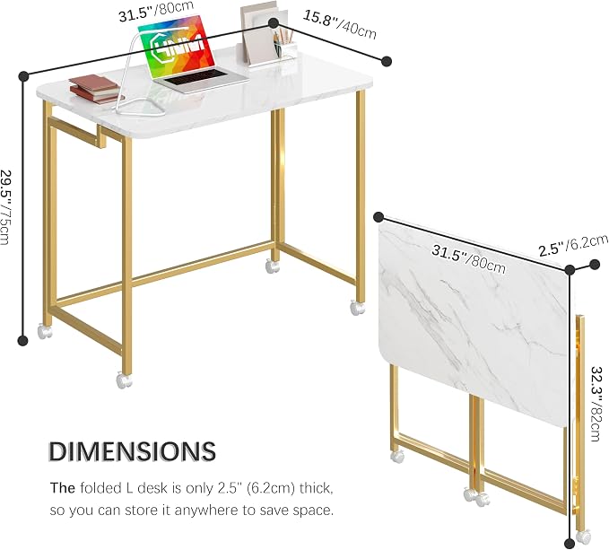4NM 31.5" Mobile Small Rolling Computer Desk, Folding Laptop Cart Table with Wheels, Portable Office Desk for Small Space Couch Bed - White and Golden