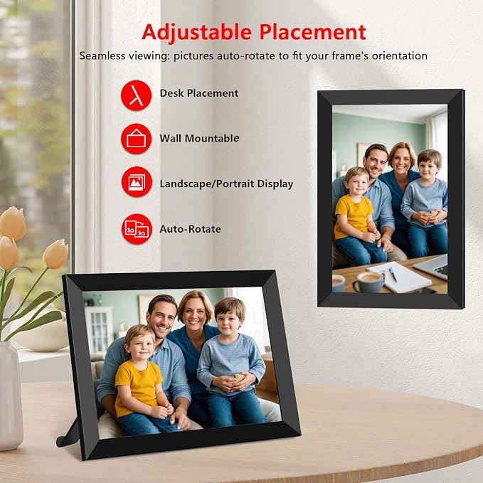 Frameo 10.1 Inch WiFi Digital Photo Frame with Calendar, 32GB Digital Picture Frame with 1280x800 IPS HD Touch Screen, Auto-Rotate Wall Mount, Easy Share Photos/Videos from Phone - Gifts for Mom