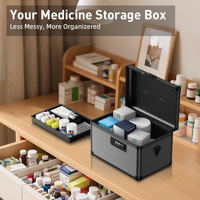 Lockbako Medicine Lock Box with Code, Locking Medicine Box with Removable Tray & Pocket Bag, Portable First Aid Box for Home, 12 * 7.7 * 7.9 Inch (Black)