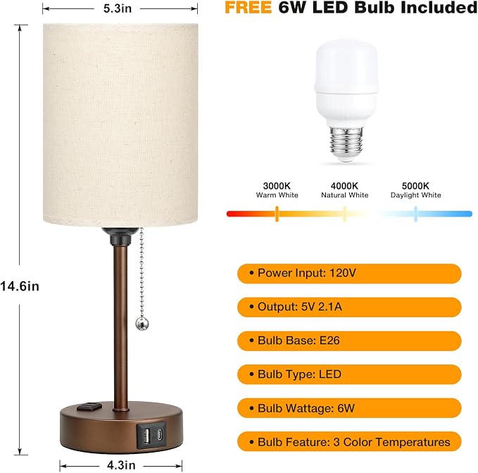 Small Bedside Table Lamp for Bedroom, Desk Lamp with USB Ports for Dorm | USB A+C Ports, AC Outlet, 3 Color Temperatures, LED Bulb Included, Beige Fabric Shade, Coffee Base, 14" Night Stand Lamp