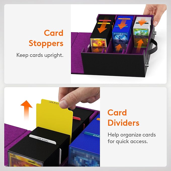 Lifewit Trading Card Storage Box with Handle, Holds Up to 1800 Sleeved Cards with 12 Adujstable Dividers & 4 Stoppers, Aluminum Closure PU Leather Case for MTG, PTCG, YGO, Sports Cards, Black& Purple