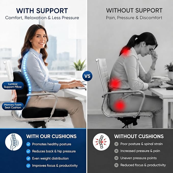 Ergonomic Seat Cushion & Lumbar Support Pillow for Office Chair | Memory Foam Seat Cushions for Tailbone Pain Relief, Sciatica & Lower Back Support for Desk Chair Car Home, Washable, Non Slip