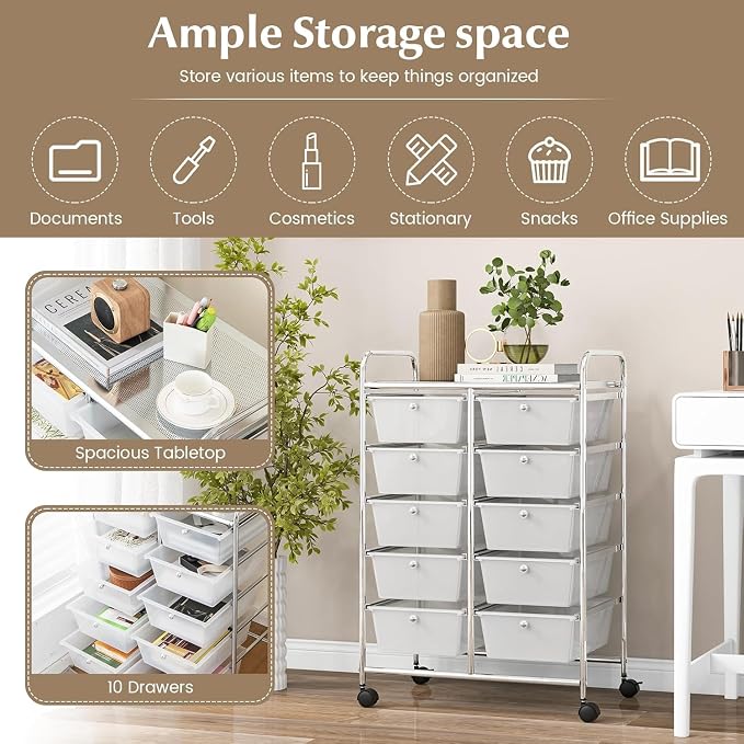10 Drawer Rolling Cart, Storage Cart Organizer on Wheels, Drawer Cart with Metal Frame & Large Storage Capacity, Rolling Cart with Drawers for Living Room Classroom, Office
