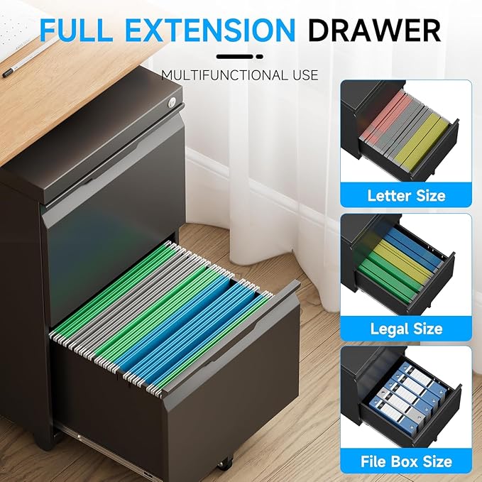 2 Drawer Mobile File Cabinet with Lock, Rolling File Cabinet with Wheels | Metal Small Filing Cabinet with Wheels for Home Office Storage, Fits Legal/A4/Letter/Document Size, Required Assembly, Black
