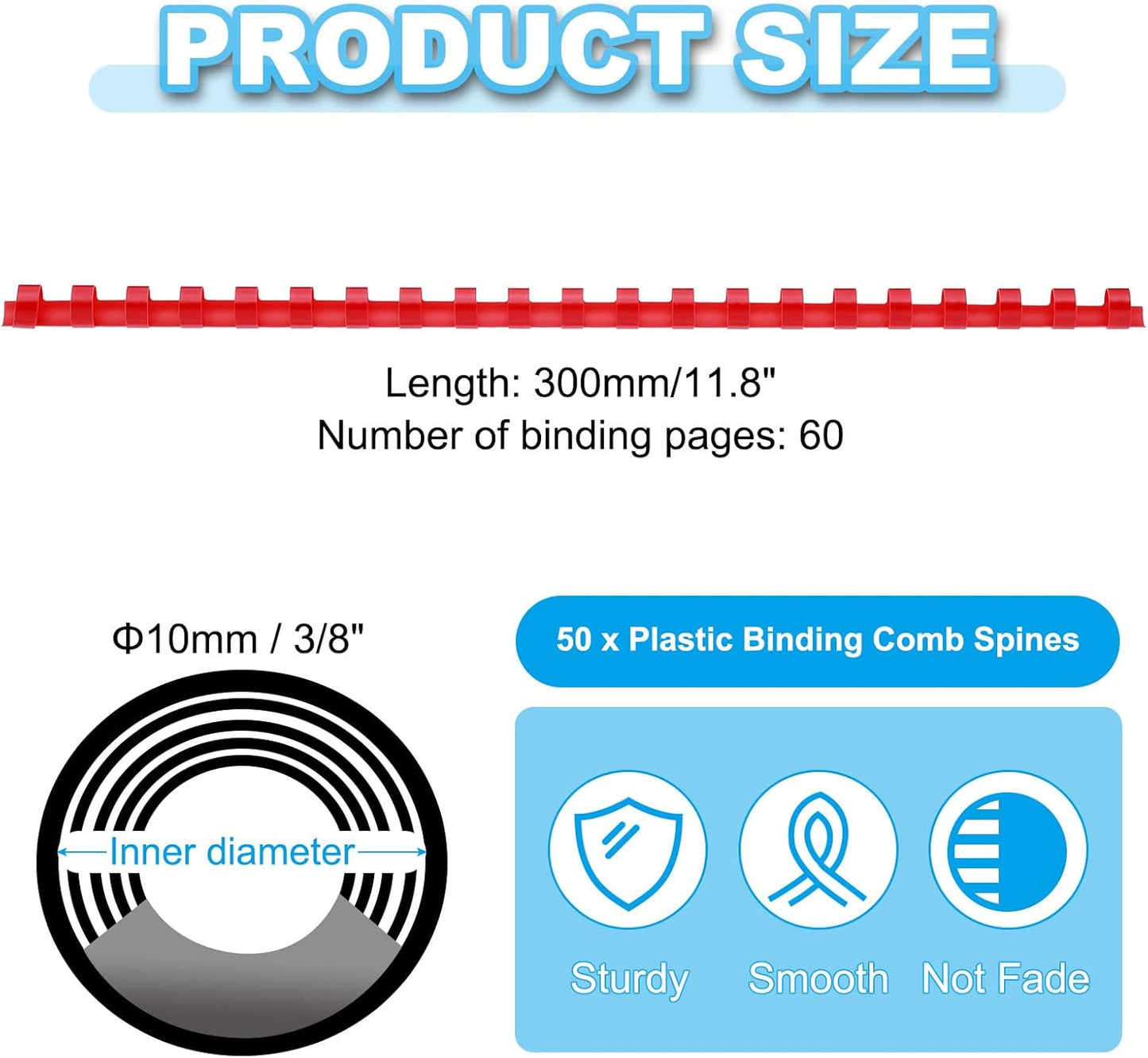 PATIKIL 10mm (3/8") Plastic Binding Combs, 50 Pcs 21 Rings Comb Binding Spines 60 Sheet Capacity Letter Size for Binding Paper Sheets, Red