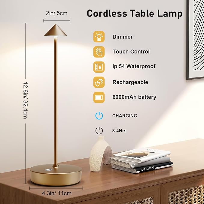 Cordless Rechargeable Led Table Lamp Battery Operated Light Bronze | 6000mAh Touch Desk Lamp 3 Color Dimming Portable Metal Outdoor Waterproof Light for Patio/Restaurant/Dining/Home