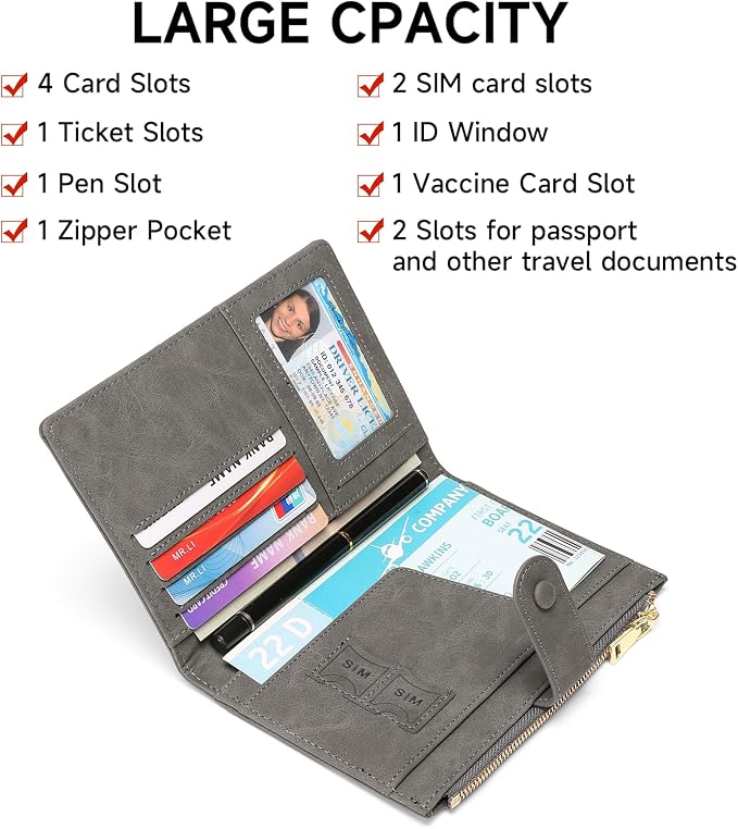 RFID Blocking Leather Passport Wallet Cover Case with Pen and Card Slots Travel Wallet for Women/Men Travel Must Haves Accessories