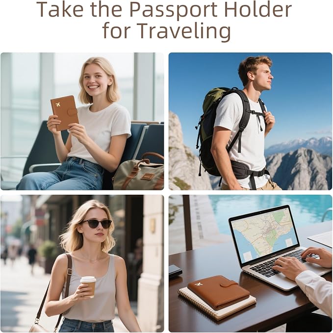 RFID Blocking Passport Holder Travel Wallet | RFID-blocking protects passport & cards. 4 slots, ID window, zipper pocket. PU leather, slim, light. Unisex brown.