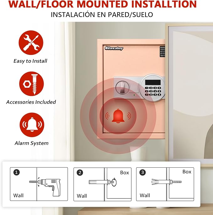 Voncabay Money Safe Box for Home with Digital Keypad, 1.5 Cu. Ft., Khaki | Alloy Steel, 2 Fireproof Bags, Digital Keypad with Display, Removable Shelf, Alarm System, 14 x 13 x 13 In.