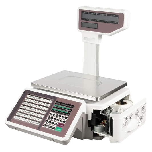 Label Printing Scale with Dual TD Thermal Label & Receipt Printer, 110-220V Electronic Price Computing Scale Pole Display, 66LBS Commercial Barcode Scale for Retail Outlet Store Food Meat Shop