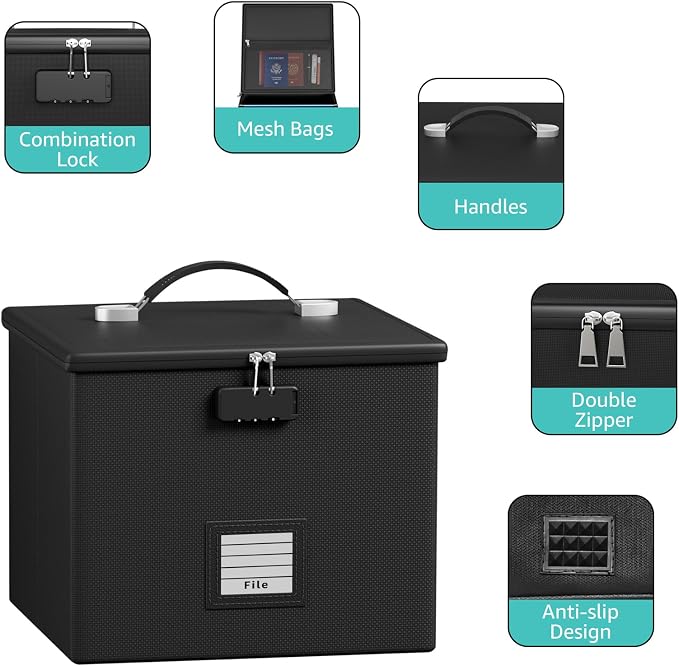 Fire Proof File Box for Documents - Portable Fireproof Document Organizer Box with Handle Waterproof Safe Locking Folder Storage with Lid