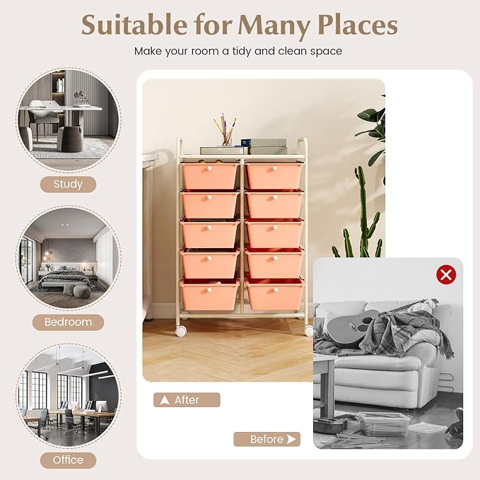 10 Drawer Rolling Cart, Storage Cart Organizer on Wheels, Drawer Cart with Metal Frame & Large Storage Capacity, Rolling Cart with Drawers for Living Room Classroom, Office