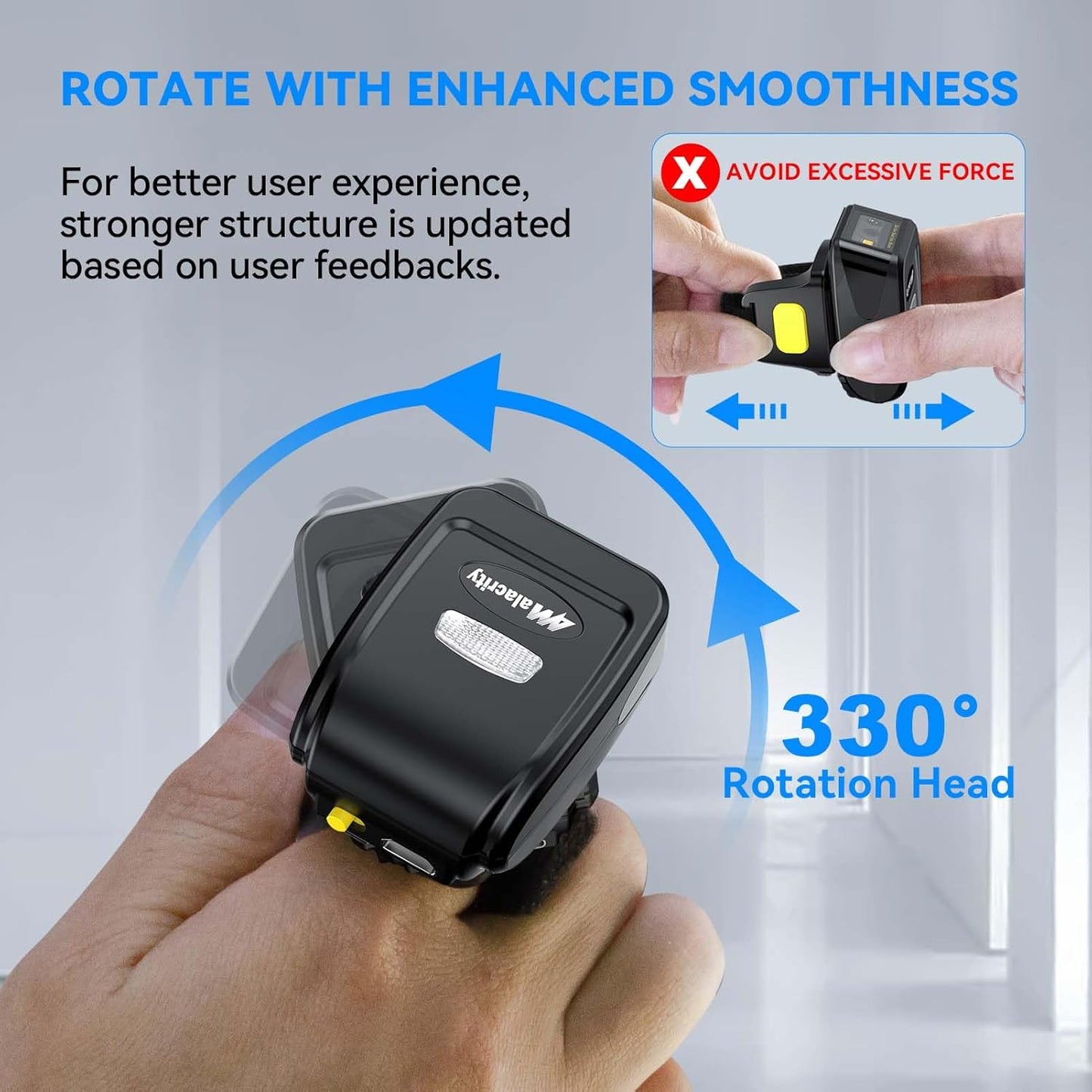 Alacrity Wearable 1D/2D Wireless Barcode Scanner,3-in-1 Mini Ring with Bluetooth,2.4GHz Wireless,and Wired USB Connectivity for PC,Laptop,Tablet,Phone